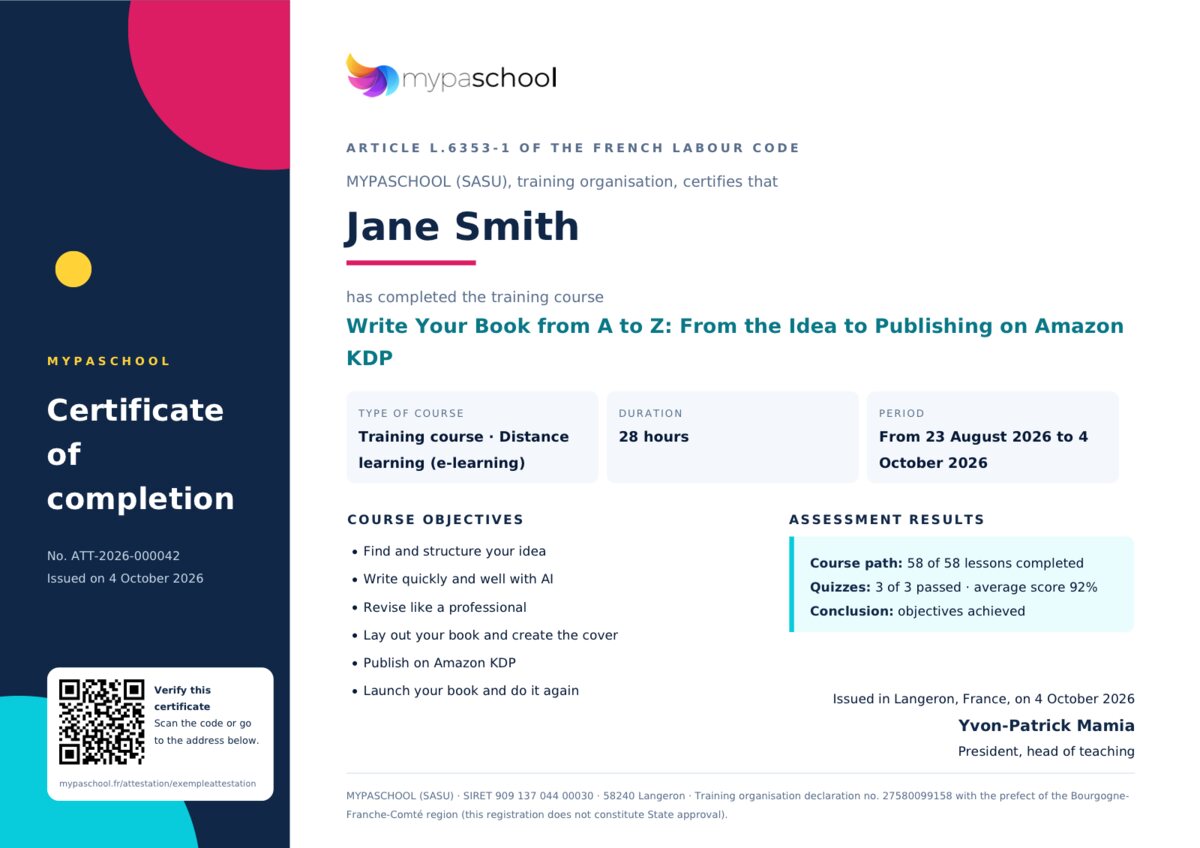 Sample MYPASCHOOL certificate of completion, with verification QR code